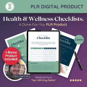 May include: A digital product bundle of printable health and wellness checklists. The checklists include a daily self-care checklist, a morning routine checklist, and a gratitude checklist. The product is designed by a top Etsy seller.