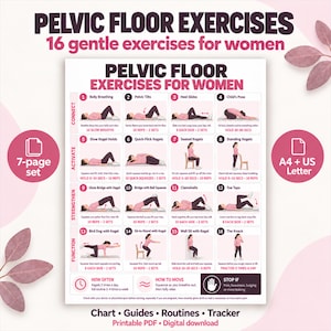 May include: A printable chart titled Pelvic Floor Exercises for Women featuring 16 illustrated exercise steps categorized into connect, activate, strengthen, and function. The document includes instructions for belly breathing, kegels, and bridges.