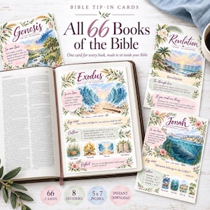Peut inclure: Un ensemble de 66 cartes d'insertion biblique avec des illustrations à l'aquarelle et du texte pour chaque livre de la Bible. Les cartes incluent des sections pour les versets clés, les plans et les réflexions, présentées dans une Bible ouverte.