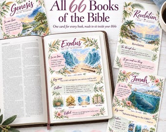 May include: A set of 66 Bible tip-in cards featuring watercolor illustrations and text for each book of the Bible. The cards include sections for key verses, outlines, and reflections, with one card displayed inside an open Bible and others nearby.