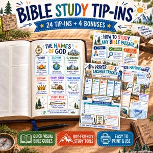 Può includere: Un set di schede per lo studio della Bibbia con 24 schede e 4 bonus. La collezione include guide stampate intitolate The Names of God, How to Study Any Bible Passage, Prayer List & Answer Tracker e Verse Mapping Guide con illustrazioni colorate.