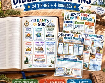 May include: A set of Bible study tip-ins featuring 24 tip-ins and 4 bonuses. The collection includes printed guides titled The Names of God, How to Study Any Bible Passage, Prayer List & Answer Tracker, and Verse Mapping Guide with colorful illustrations.