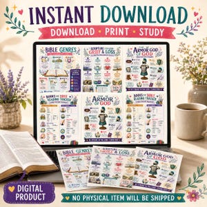 May include: A digital product display featuring six printable Bible study charts on a laptop screen and three printed sheets below. The charts include titles like Bible Genres, Scripture for Grief and Loss, and The Armor of God with colorful illustrations.