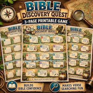 Pode incluir: Um jogo imprimível de três páginas Bible Discovery Quest com um tabuleiro central contendo quinze caixas de perguntas numeradas, uma folha de respostas para o aluno e um gabarito. O design inclui ilustrações de bússola, lupa e baú do tesouro.