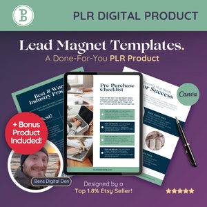 May include: A digital product for creating lead magnets. The image shows three different templates for lead magnets, including a pre-purchase checklist, essential must reads for success, and a best and worst industry practices checklist. The image also includes a bonus product and a statement that the product is designed by a top 1.8% Etsy seller.