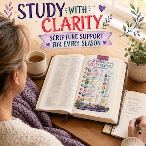 May include: An open book with a page titled Scripture for Rest & Renewal, featuring a numbered list of spiritual themes, colorful illustrations, and text. The book is placed on a wooden surface next to a notebook, a mug, and a small potted plant.