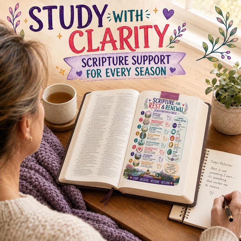 May include: An open book with a page titled Scripture for Rest & Renewal, featuring a numbered list of spiritual themes, colorful illustrations, and text. The book is placed on a wooden surface next to a notebook, a mug, and a small potted plant.