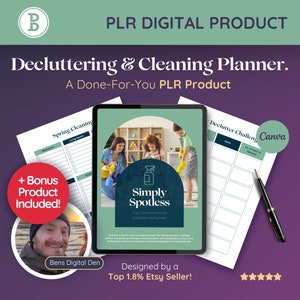 Può includere: Un prodotto digitale per il decluttering e la pulizia, con un planner stampabile con un design verde e bianco. Il prodotto è etichettato "Simply Spotless" e include un prodotto bonus. L'immagine mostra anche un tablet con un elenco di controllo e una penna.