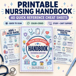 May include: A printable nursing handbook with 40 quick reference cheat sheets. The cover features medical icons like a stethoscope, syringe, and heart. Two open pages display ABG, acid-base, and coagulation test charts with text and illustrations.