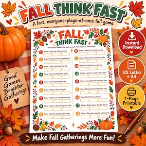 May include: A printable Fall Think Fast game sheet featuring 18 prompts surrounded by autumn leaves, pumpkins, and acorns. The white paper includes numbered lines for answers. Three circular icons indicate instant download, US Letter and A4 sizes.