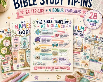 May include: A collection of Bible study tip-ins featuring 28 printable pages with colorful illustrations and text. The sheets include titles like The Bible Timeline At A Glance, The Names Of God, and Psalms For Every Emotion, alongside decorative pens.