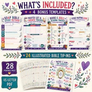 May include: A digital Bible study kit featuring four templates: SOAP Bible Study Method, Prayer List and Answer Tracker, Books of the Bible Reading Tracker, and Verse Mapping Guide. Includes 24 illustrated tip-ins and a Who I Am in Christ page.