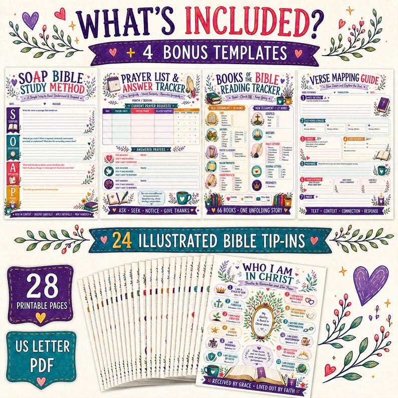 May include: A digital Bible study kit featuring four templates: SOAP Bible Study Method, Prayer List and Answer Tracker, Books of the Bible Reading Tracker, and Verse Mapping Guide. Includes 24 illustrated tip-ins and a Who I Am in Christ page.