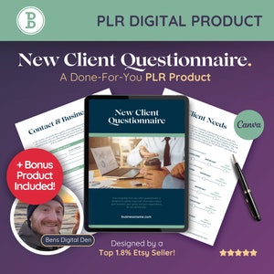 May include: A purple background with a digital product mockup. The product is a printable new client questionnaire. The text on the product says "New Client Questionnaire". The text on the background says "PLR Digital Product".
