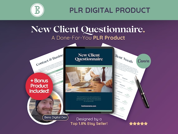 PLR New Client Questionnaire: Printable Virtual Assistant and Social Media Manager Canva Templates, Digital Product Private Label Rights