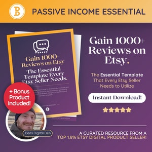 Puede incluir: Una portada de producto digital púrpura y amarilla con el texto "Gain 1000+ Reviews on Etsy." La plantilla esencial que todo vendedor de Etsy necesita utilizar. Descarga instantánea. Un recurso seleccionado por un vendedor de productos digitales de Etsy entre el 1,8 % superior!"