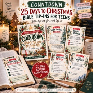 May include: A set of 25 Christmas Bible tip-in cards for teens featuring festive botanical borders, scripture references, and reflective prompts. The cards include titles like When You Feel Anxious, You Are Known, When You Mess Up, and Still Waiting.