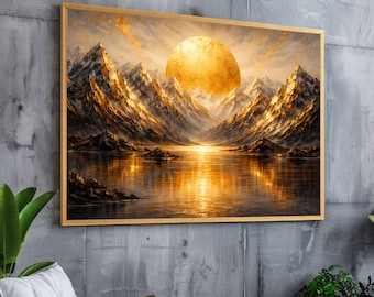 Majestic Golden Mountains Canvas, Large Sun Reflection Wall Art, Landscape Nature Canvas, Metallic Sunset Scene, Modern Home Decoration