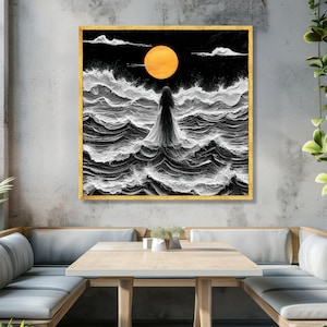 Mystical Woman Standing in Stormy Sea, Orange Moon Canvas, Dark Ocean Waves Art, Surreal Nightscape Canvas, Dramatic Wall Decor, Ready to image 1