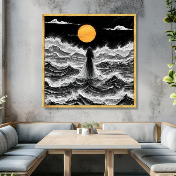 Mystical Woman Standing in Stormy Sea, Orange Moon Canvas, Dark Ocean Waves Art, Surreal Nightscape Canvas, Dramatic Wall Decor, Ready to