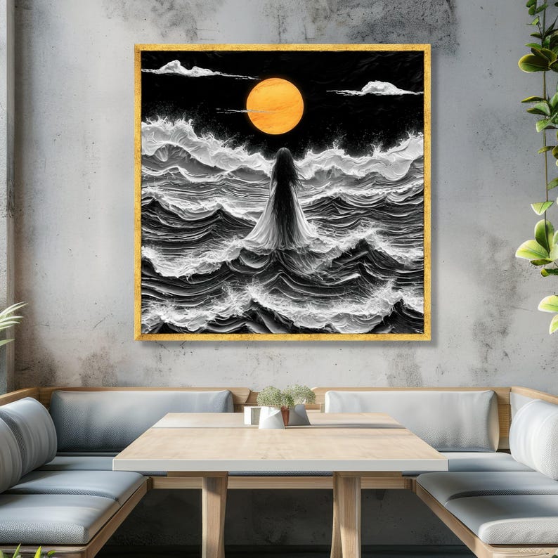 Mystical Woman Standing in Stormy Sea, Orange Moon Canvas, Dark Ocean Waves Art, Surreal Nightscape Canvas, Dramatic Wall Decor, Ready to image 1