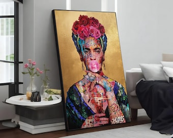 El poder de las flores: pintura en lienzo de mujer grafiti, Decoración de pared de arte pop, Arte callejero inspirado en Banksy para sala de estar, Regalo único