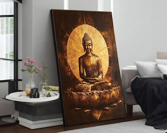 May include: A large, framed canvas art piece depicting a seated Buddha figure in a meditative pose. The artwork features a warm, golden color palette with a halo effect behind the Buddha. The Buddha is seated on a lotus flower.