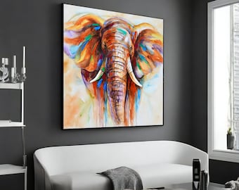 Elefante arcoíris: pintura de lienzo de arte moderno y vibrante, decoración de pared de animales, regalo perfecto