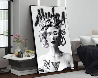 Modern Face of Mythology: Graffiti Medusa Canvas Painting, Unique Wall Art Decor, Contemporary Street Art for Home, Perfect Art Gift