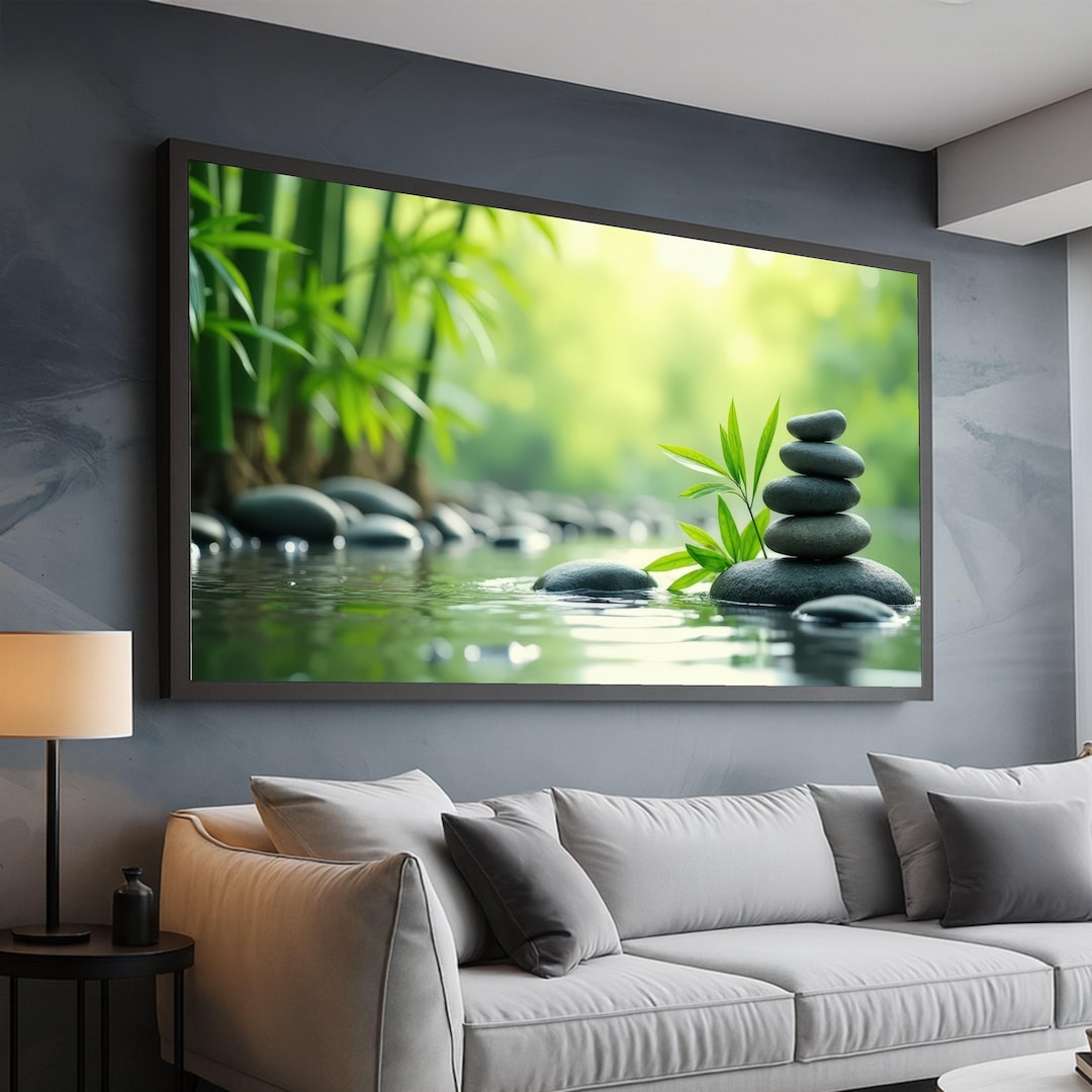 Zen Stone Stack With Green Bamboo Leaves Canvas, Serene Water ...