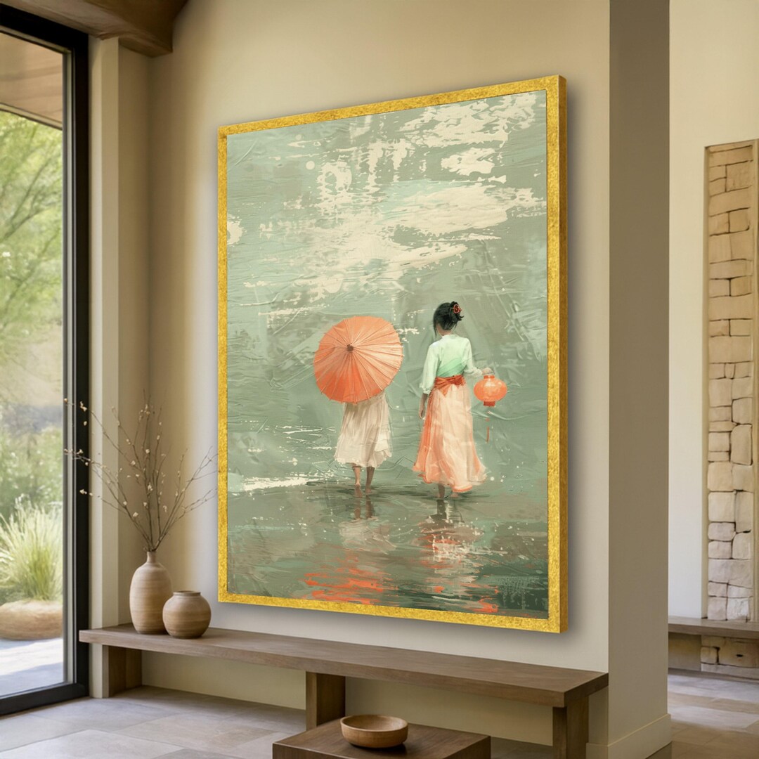 Tranquil Stroll With Red Umbrella and Lantern, Asian Inspired