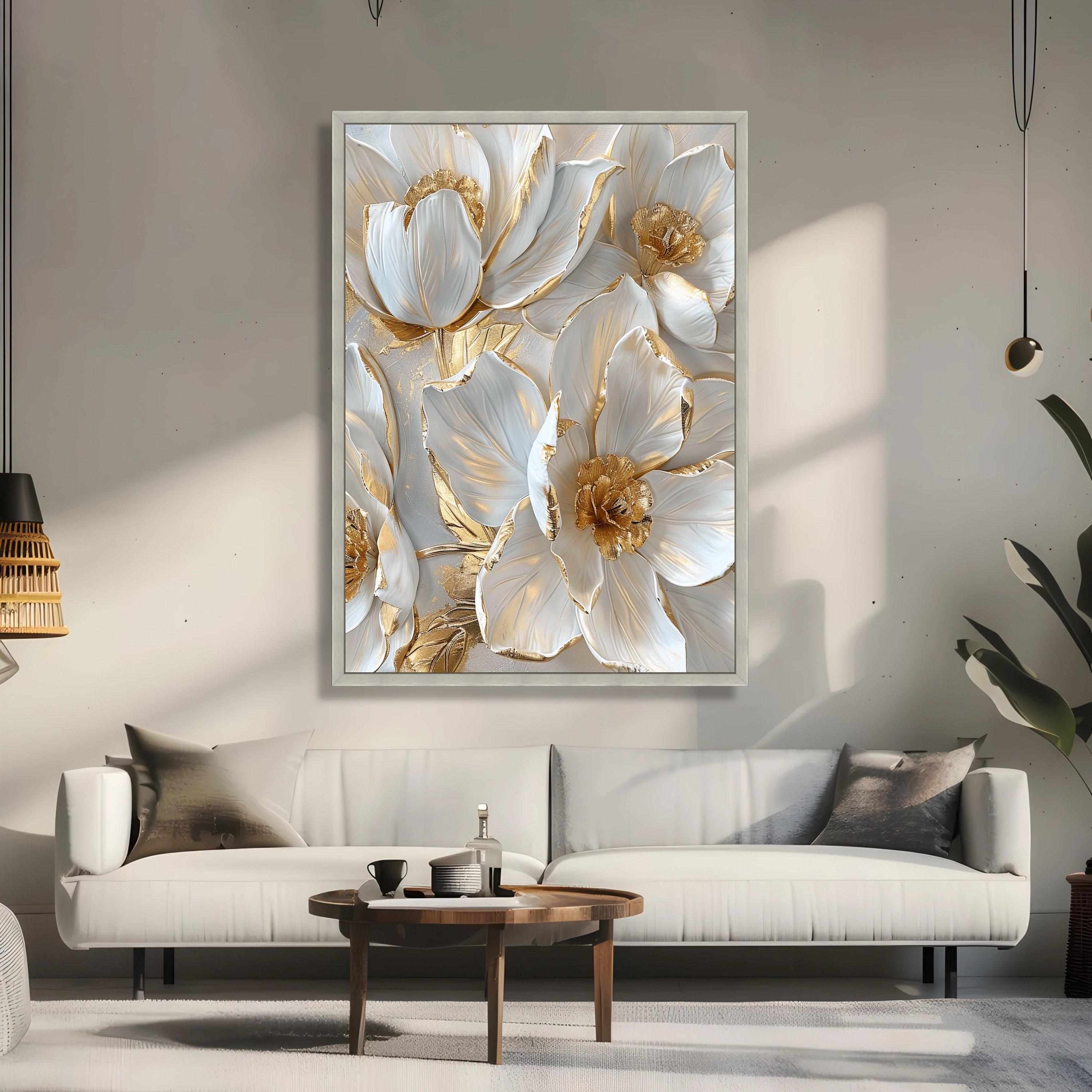 Elegant White and Gold Flowers Canvas, Luxury 3D Floral Wall Art ...