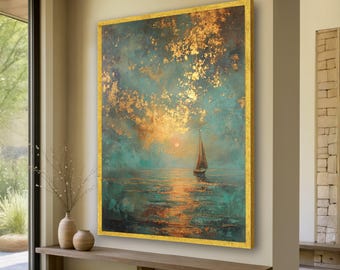 Golden Sunset Sailboat Canvas, Nautical Wall Art, Ocean Landscape Painting, Abstract Sea View, Coastal Home Decor, Ready to Hang Canvas