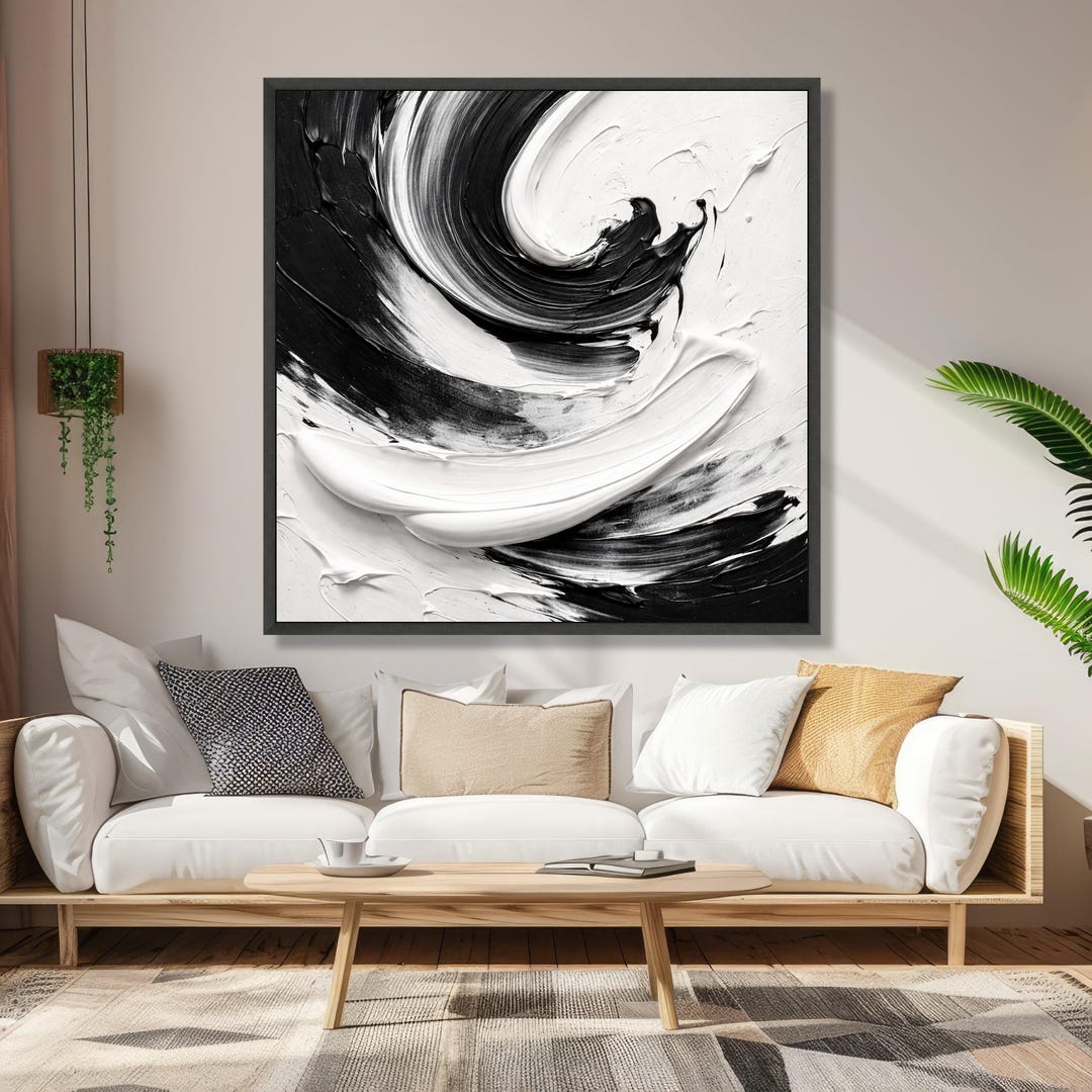 Modern Black and White Abstract Canvas Wall Art, Paint Swirl Design ...