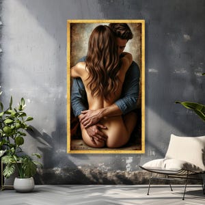Intimate Embrace Couple Canvas, Sensual Romantic Wall Art, Lovers Hug Artwork, Bedroom Decor, Passionate Relationship Canvas image 2