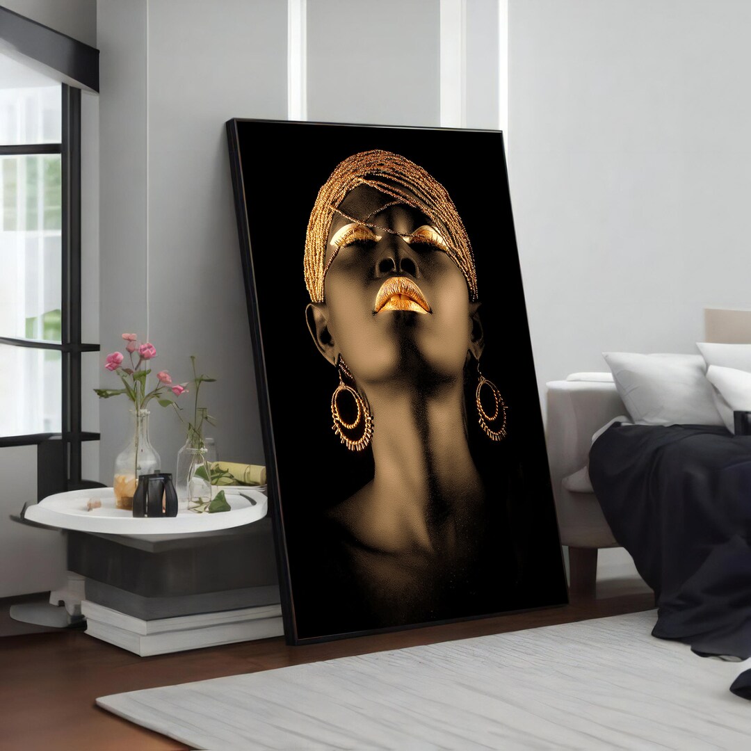 Black Woman Portrait With Gold Details, Elegant Ethnic Art Print ...