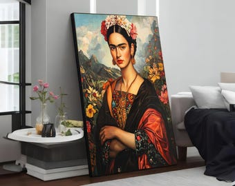 Frida Inspired Portrait Canvas, Floral Art, Mexican Culture Canvas, Wall Art Canvas Design, Ready to Hang Home Decoration
