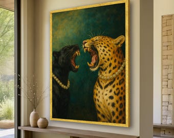 Brüllender Leopard und schwarzer Panther Leinwand, exotische Wildtiere Wandkunst, Tierporträtmalerei, mutiges Naturdekor, fertig zum Aufhängen
