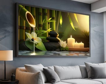 Zen Spa Bamboo Canvas, Relaxing Candlelight Wall Art, Tranquil Waterfall Decor, Meditation Stones Canvas, Serene Home Decoration