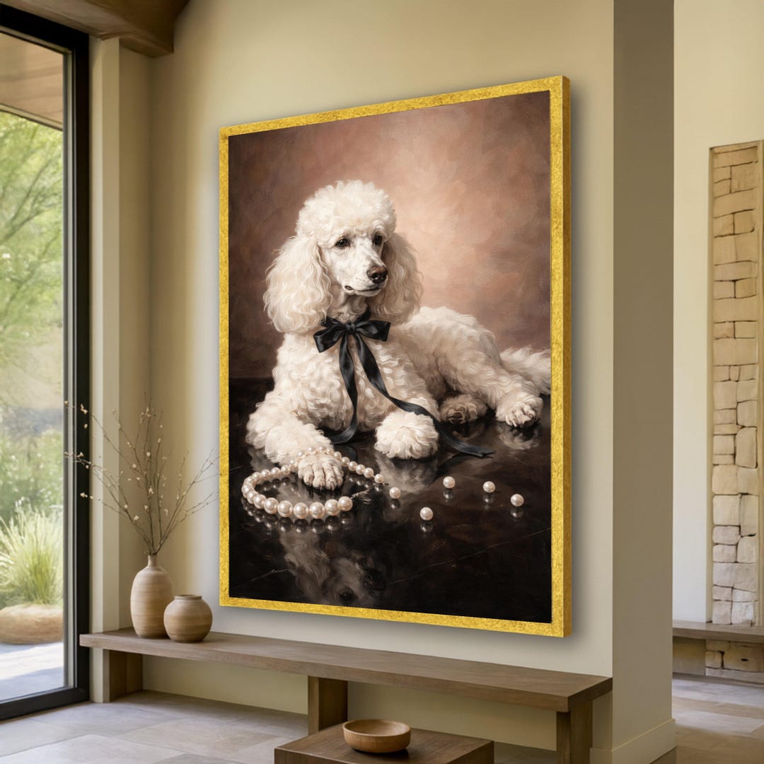 Elegant White Poodle With Black Bow Canvas, Classic Dog Portrait Wall ...