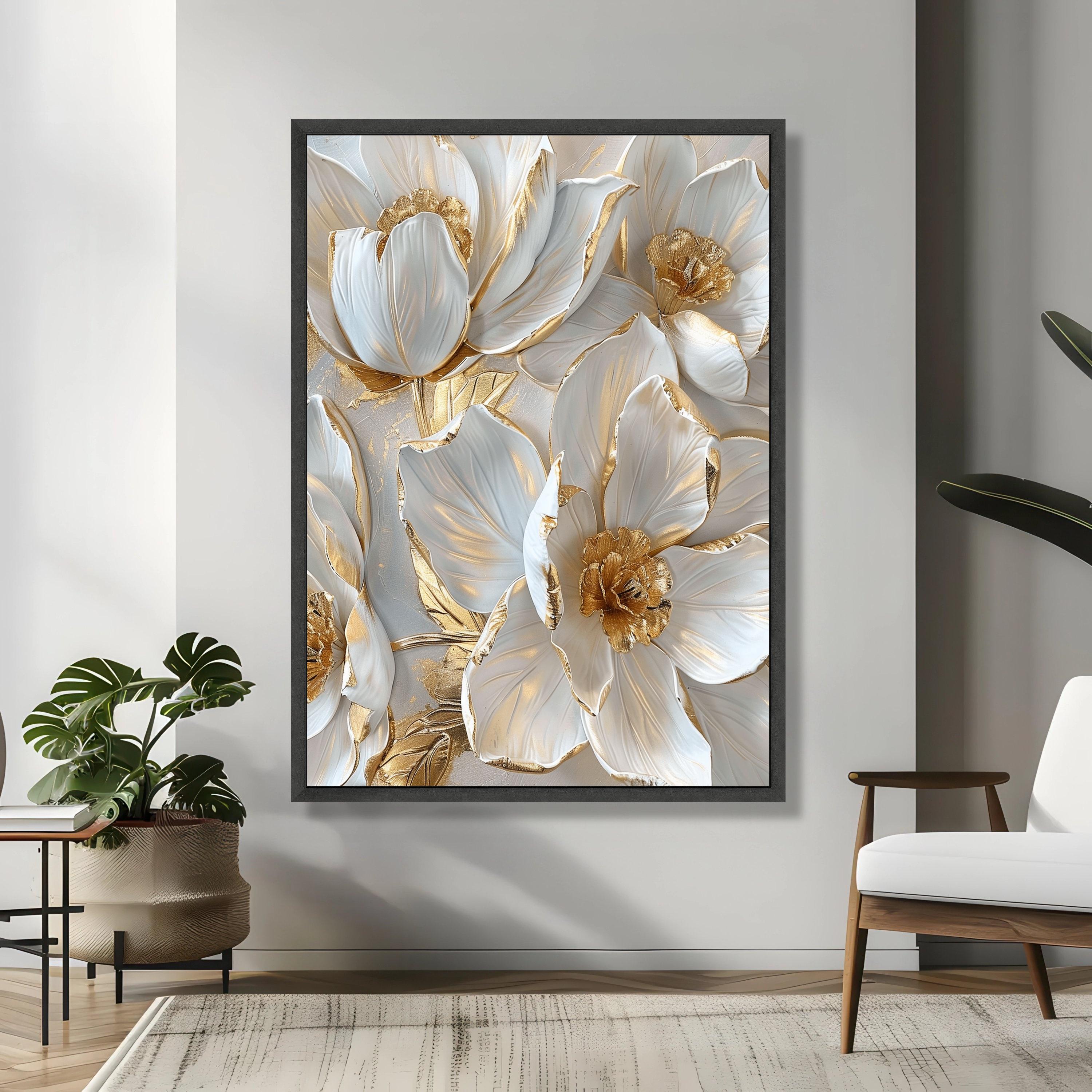 Elegant White and Gold Flowers Canvas, Luxury 3D Floral Wall Art ...