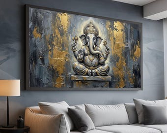Elegant Hindu God Ganesha Canvas, Modern Spiritual Wall Art, Gold and Gray Abstract Background, Elephant Deity Home Decor, Meditation Canvas