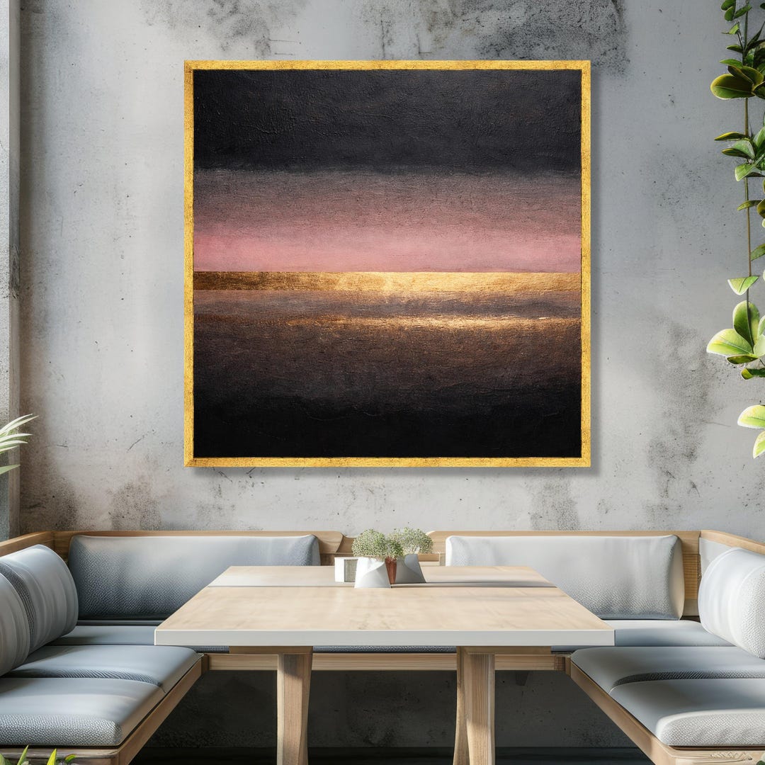 Modern Abstract Canvas Wall Art, Gold Metallic Horizon, Pink and Black ...