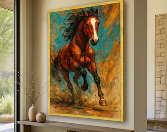Lienzo de caballo al galope dinámico, arte equino abstracto, pintura rústica de caballo marrón, decoración de pared animal enérgica, arte mural en lienzo vibrante