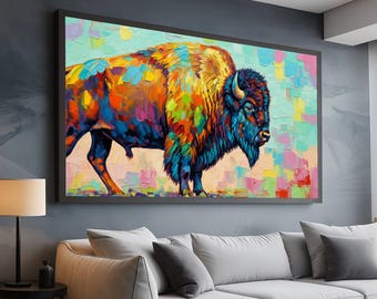 Vibrant Colorful Bison Canvas, Abstract Animal Wall Art, Textured Paint Landscape, Modern Wildlife Home Decor, Ready to Hang Canvas