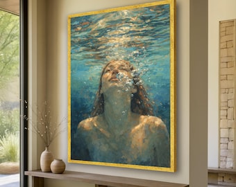 Underwater Portrait Canvas, Woman with Bubbles Wall Art, Ocean Watercolor Painting, Serene Blue Home Decor, Artistic Canvas Print