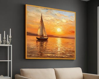 Lienzo con velero al atardecer tranquilo, arte mural de paisaje oceánico, vista al mar en la hora dorada, decoración náutica, lienzo con reflejo de agua en calma, listo para colgar.