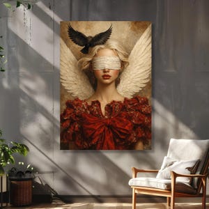 Blindfolded Angel with Black Bird, Vintage Style Portrait Canvas, Red Bow Dress Wall Art, Ethereal Wings Painting, Home Decor Canvas
