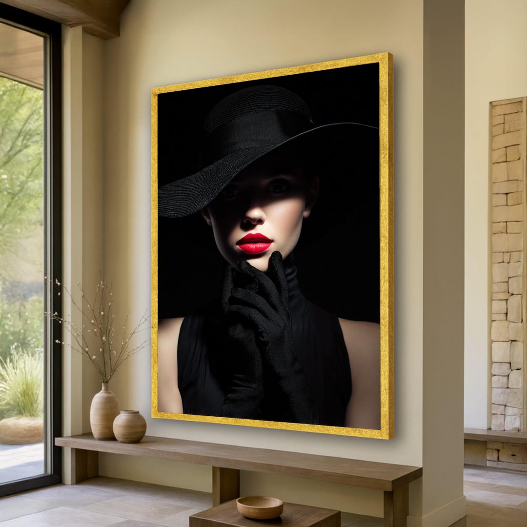 Elegant Woman in Black Hat and Gloves Canvas Wall Art, Dramatic ...