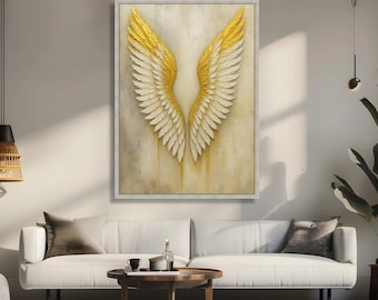 Golden Angel Wings Canvas, Elegant Feather Wall Art, Spiritual Home Decor, Textured Wings Design, Ready to Hang Canvas Painting